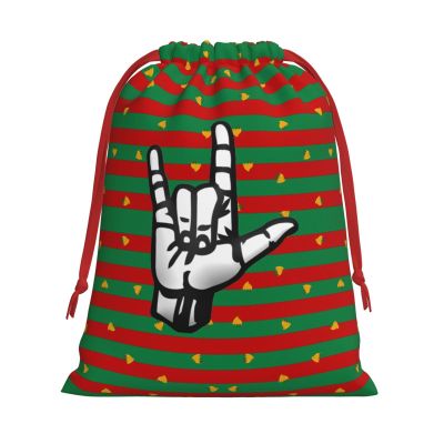 AMZJHGWEU ASL I Love You Sign Language Christmas Gift Bags, Santa Wrapping Bags, Xmas Presents Bag With Drawstring, Holiday Party Favors Birthday & Christmas Gift (Large Medium Small)