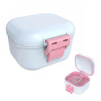 Leak-Proof Denture case: Denture Bath Case with Strainer, Denture Bath Box with Filter, Denture Cup for Soaking Dentures, Travel Retainer Cleaning Case (White+Pink)