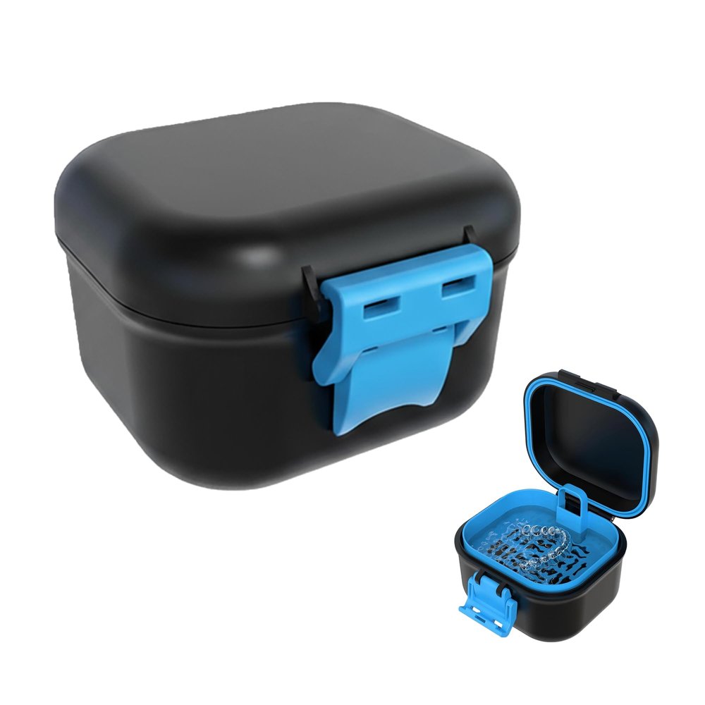 Leak-Proof Denture case: Denture Bath Case with Strainer, Denture Bath Box with Filter, Denture Cup for Soaking Dentures, Travel Retainer Cleaning Case (Black+Blue)