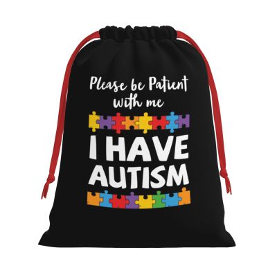 AMZJHGWEU Please Be Patient I Have Autism Christmas Gift Bags, Santa Wrapping Bags, Xmas Presents Bag With Drawstring, Holiday Party Favors Birthday & Christmas Gift (Large Medium Small)