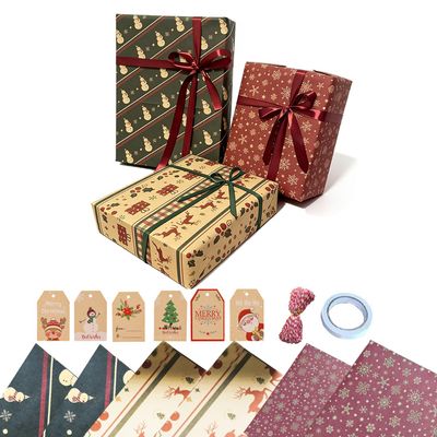 Sociplentycom Christmas Gift Wrapping Paper Set, 6 Sheets Classic Kraft Holiday Paper with Gift Tags (Christmas Snow Deer, 19.6X27.5INCH)