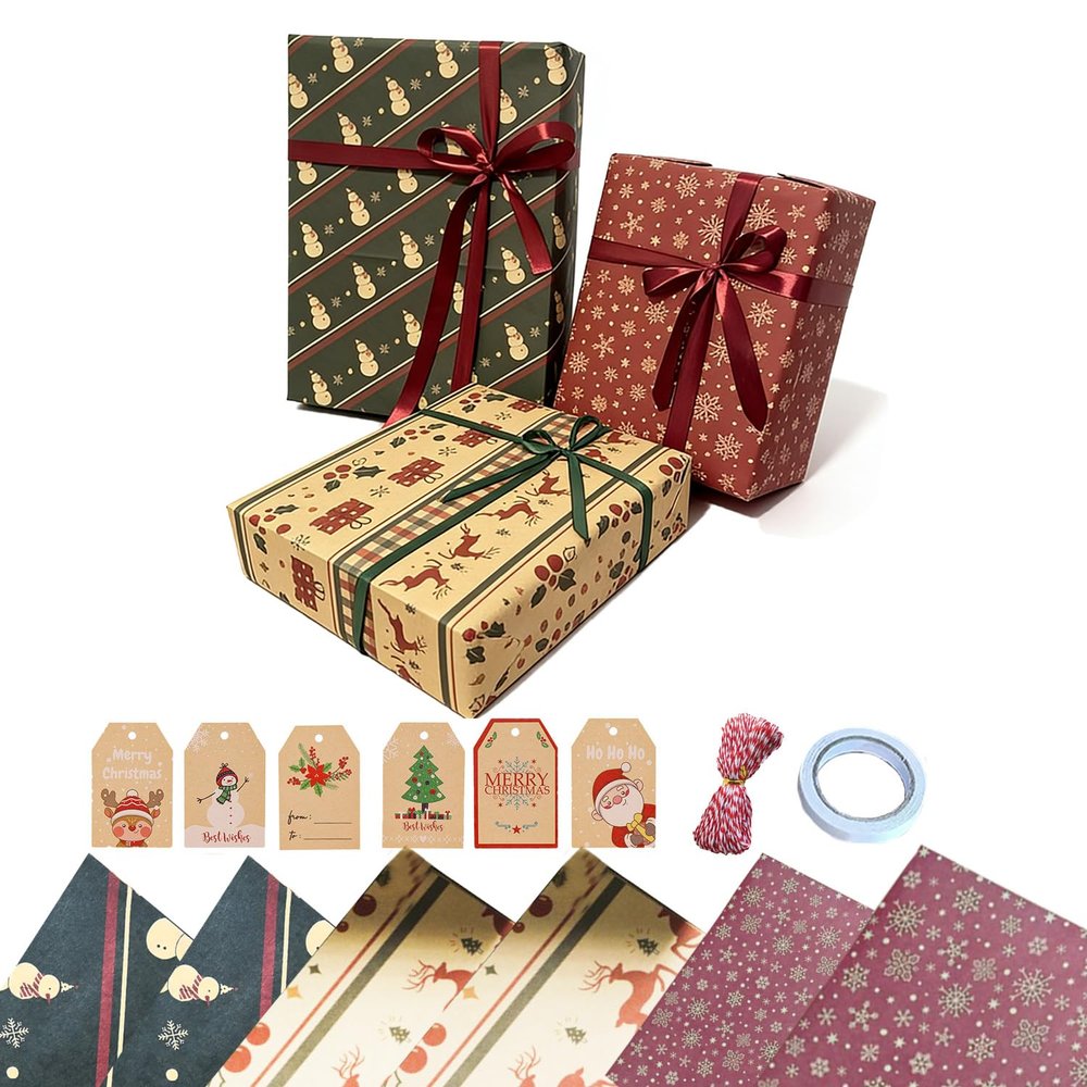 Sociplentycom Christmas Gift Wrapping Paper Set, 6 Sheets Classic Kraft Holiday Paper with Gift Tags (Christmas Snow Deer, 19.6X27.5INCH)