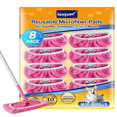 KEEPOW 8 Pack Pink Reusable Coral Fleece Mop Pads Compatible with Swiffer Sweeper, Washable Dry and Wet Sweeping Mopping Cloth Refills for Hardwood and Tile Floors (Mop Not Included)