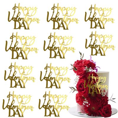 10 pcs Happy Valentine Day Cake Topper Gold Acrylic Cake Topper Happy Anniversary Cake Sign Wedding Cake Decorations Party Supplies