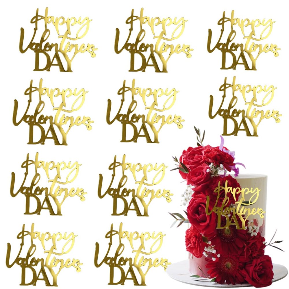 10 pcs Happy Valentine Day Cake Topper Gold Acrylic Cake Topper Happy Anniversary Cake Sign Wedding Cake Decorations Party Supplies
