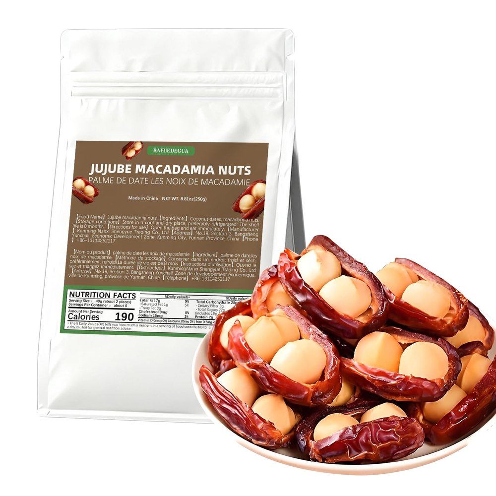 BAYUEDEGUA-Jujube macadamia nuts 250g/8.81oz Soft and Sweet Jujube+Milk Flavored Hawaiian Nut.No pigment|No essence|Pure vegetable.Suitable for binge watching,Afternoon tea,Office leisure snacks.