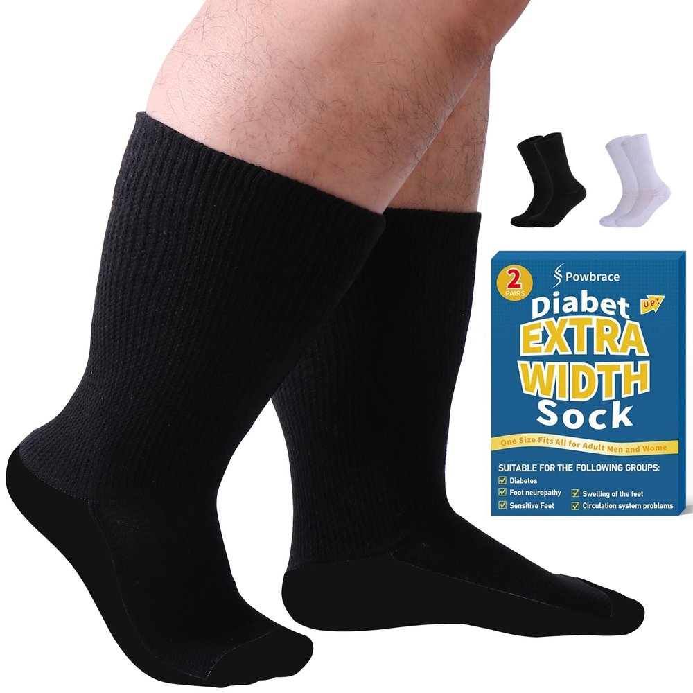 2 Pairs Wide Diabetic Socks for Men Women Plus Size,Lymphedema Socks,Socks for Swollen Feet & Ankles,Edema Socks,Loose Fit Socks,Non-Binding Socks,Bariatric Socks,Hospital Cast Socks -1 Pairs Black + 1 Pairs White