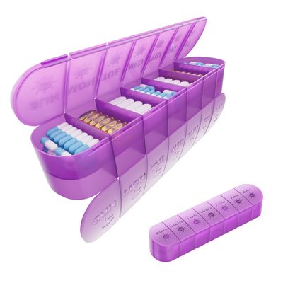 2 Layers Weekly Pill Organizer 2 Times a Day, Travel Medicine Pill Organizer, Pill Box Case 7 Day AM PM BPA-Free, Pill Container for Vitamins, Fish Oil, Supplements and Medication, Purple