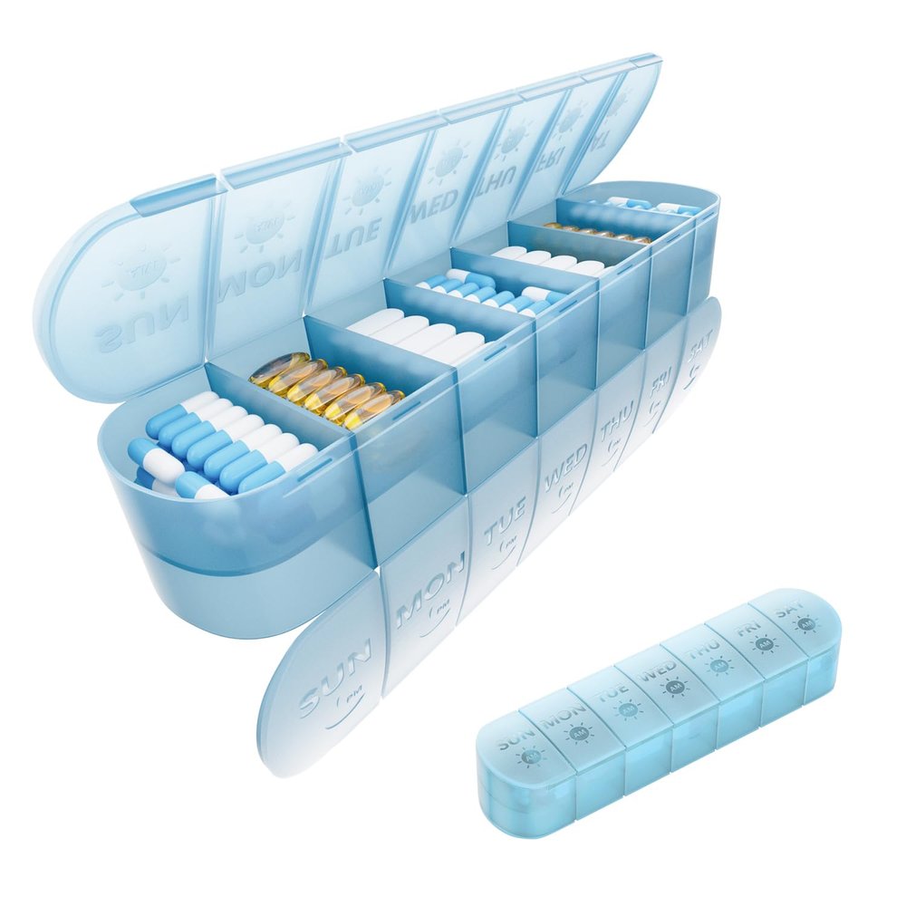 2 Layers Weekly Pill Organizer 2 Times a Day, Travel Medicine Pill Organizer, Pill Box Case 7 Day AM PM, Pill Container for Vitamins, Fish Oil, Supplements and Medication, Blue