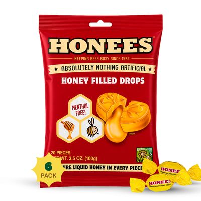 Honees Honey Filled Drops, Cough Drops with Real Honey-Natural Sore Throat Relief-Nothing Artificial-Throat Coat Lozenges, Natural Cough Suppressant, Non-GMO (6 Pack - 120 Drops)