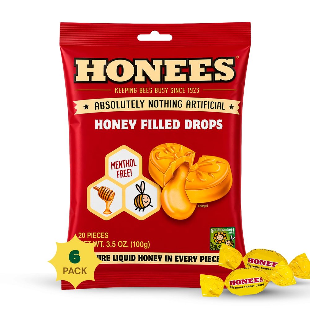 Honees Honey Filled Drops, Cough Drops with Real Honey-Natural Sore Throat Relief-Nothing Artificial-Throat Coat Lozenges, Natural Cough Suppressant, Non-GMO (6 Pack - 120 Drops)
