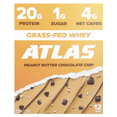 Atlas Bar Grass-Fed Whey Protein Bar, Peanut Butter Chocolate Chip, 12 Bars, 1.9 oz (54 g) Each