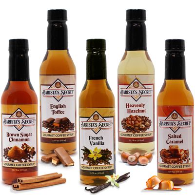 Barista's Secret Coffee Syrups Variety Pack Gourmet Flavored Syrup Set for Coffee, Drinks & Desserts French Vanilla, Caramel, Hazelnut, Toffee, Brown Sugar Cinnamon 5 Pack, 12.7 oz Each