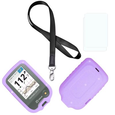 Premium Mixed Color Silicone Case (Lanyard + TPU Screen Protector) for Freestyle Libre 3 & Freestyle Libre 2 (Glitter/Purple)
