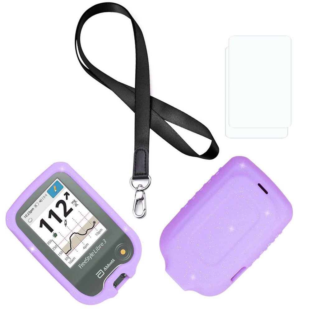 Premium Mixed Color Silicone Case (Lanyard + TPU Screen Protector) for Freestyle Libre 3 & Freestyle Libre 2 (Glitter/Purple)