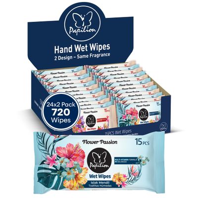 PAPILION Travel-Size Hand Wipes 48 Pack (720 Wipes Total), Flower Scent | Gentle Cleansing Wipes for Kids & Adults | Compact & Resealable for Travel, School, On-the-Go Use