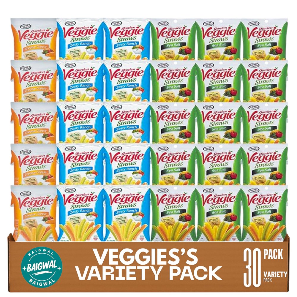 Veggie's-Straw Variety Pack - Assortment of Garden Sea Salt, Cheddar Cheese and Zesty Ranch Snack Size - Care Package Gift Box Glluten Free pacck of 30)