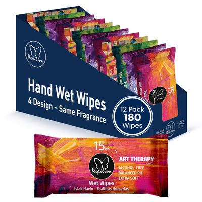 PAPILION Travel Wipes 12 Pack (180 Wipes), Art Therapy Design | Gentle & Fun Hand Wipes for Kids | Ideal for School Bags, Car Rides & Quick Cleanups Anywhere