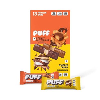 Puff Protein Bars,7 Peanut Butter Cup, 6 S'more Chunk Flavor 17g Protein, Gluten Free, 19.2 oz 13 Variety Pack.