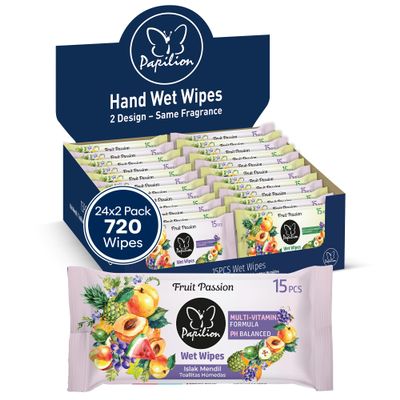 PAPILION Travel-Size Hand Wipes 48 Pack (720 Wipes Total), Passion Fruit Scent | Gentle Cleansing Wipes for Kids & Adults | Compact & Resealable for Travel, School, On-the-Go Use