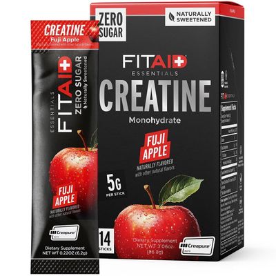 FITAID Creatine Monohydrate Powder with CreaPure, Fuji Apple Flavor, 14 Single-Serve Packs, Pure Creatine for Women & Men, Pre Workout Supplement for ATP, Easy-Mix, Zero Sugar, Creatina Monohidratada