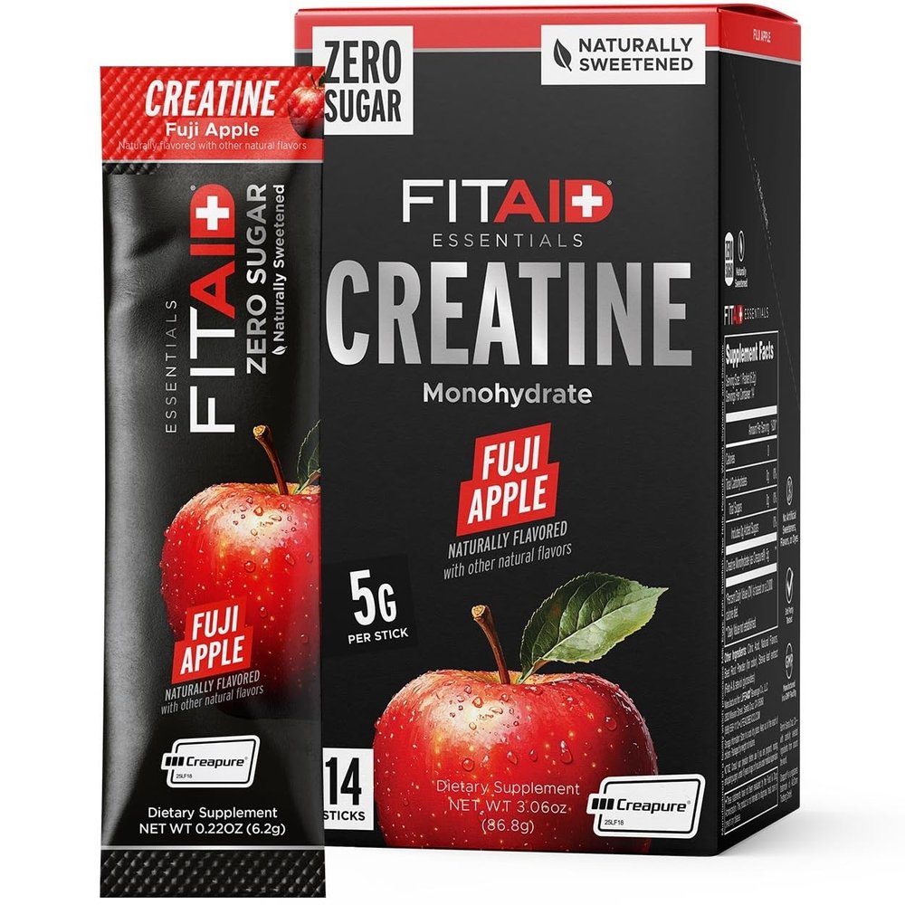 FITAID Creatine Monohydrate Powder with CreaPure, Fuji Apple Flavor, 14 Single-Serve Packs, Pure Creatine for Women & Men, Pre Workout Supplement for ATP, Easy-Mix, Zero Sugar, Creatina Monohidratada
