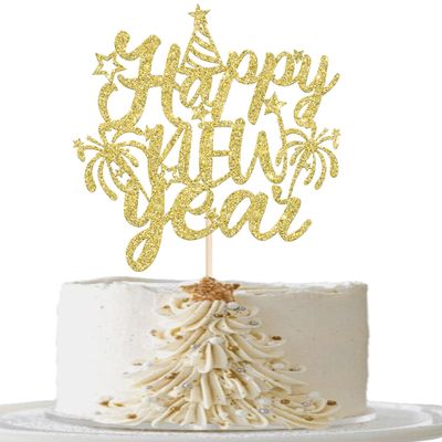 1 Pack 2026 Happy New Year Cake Topper Glitter Gold Cheers to 2026 Cake Pick Decoration for Happy New Year 2026 Eva Holiday Party Cake Decorations Supplies