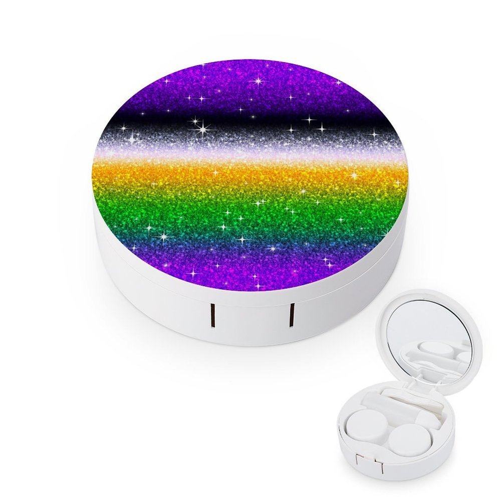 FLONTY Halloween Purple Orange Green Ombre Glitter Star Print Contact Lens Case Kit Round Contact Lens Box with Mirror for Daily 3.1X3.1 In