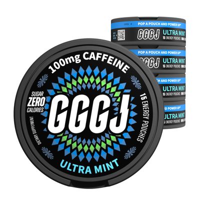 GGGJ Plant-Based Nootropic Pouches Energy Pouches with 100mg Natural Tea Caffeine, Rhodiola Rosea, Alpha GPC, Ashwagandha, L-Theaine - 5 cans of 15 Pouches (15 Count (Pack of 5), Ultra Mint)
