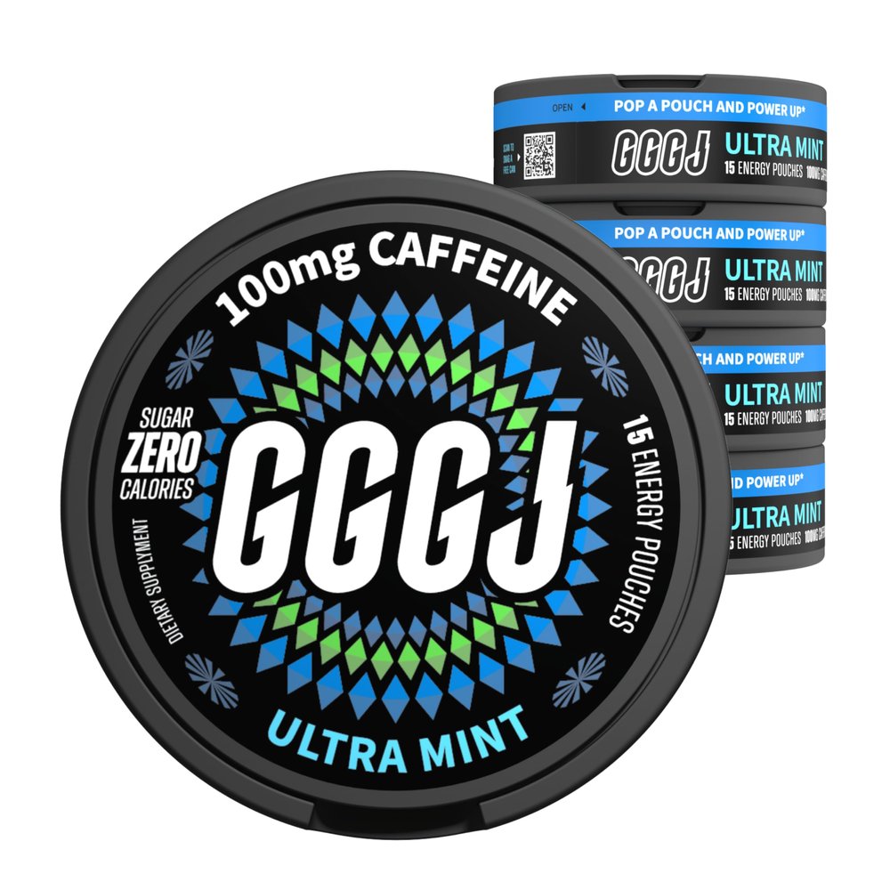 GGGJ Plant-Based Nootropic Pouches Energy Pouches with 100mg Natural Tea Caffeine, Rhodiola Rosea, Alpha GPC, Ashwagandha, L-Theaine - 5 cans of 15 Pouches (15 Count (Pack of 5), Ultra Mint)