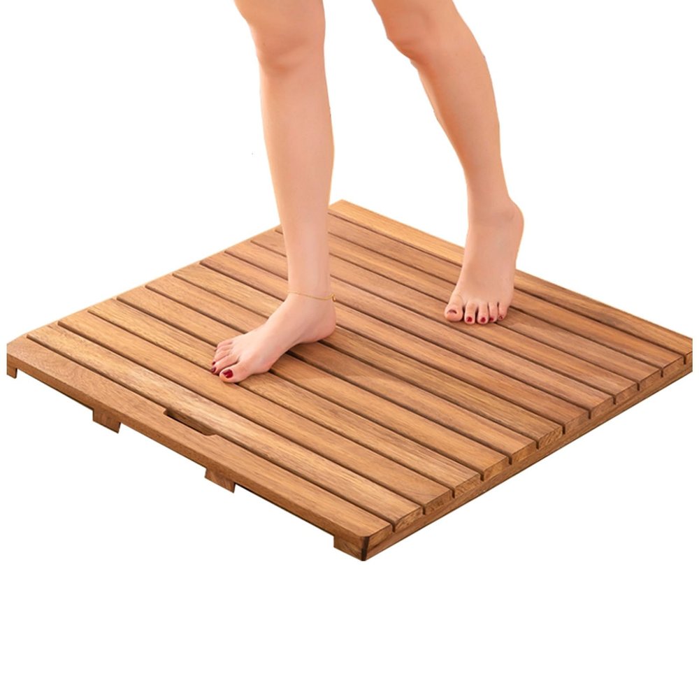 HARELA Teak Wood Bath Mat Non Slip Wooden Shower Floor Mats, Non-Slip Wooden Floor Mat for Indoor or Outdoor Spa Luxury Home Bathroom(70x70cm/27.6x27.6in)