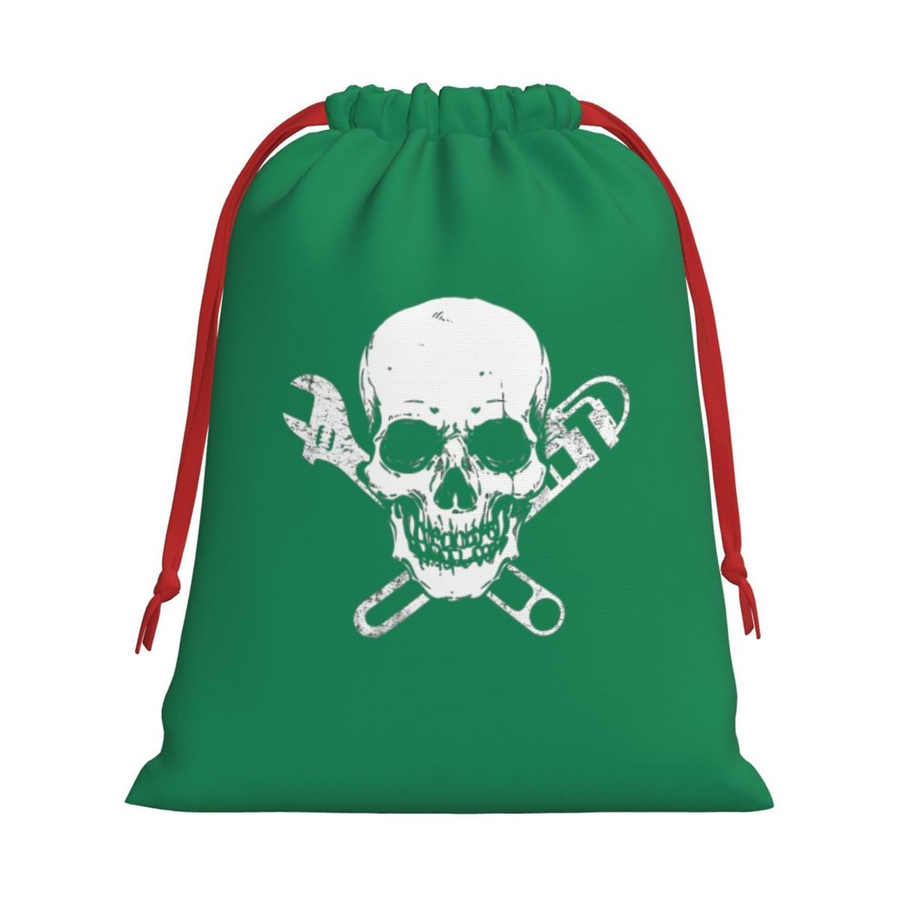 AMZWZSH Funny Plumber Pipe-Fitter Wrench Skull Christmas Gift Bags, Santa Wrapping Bags, Xmas Presents Bag With Drawstring, Holiday Party Favors Birthday & Christmas Gift (Large Medium Small)