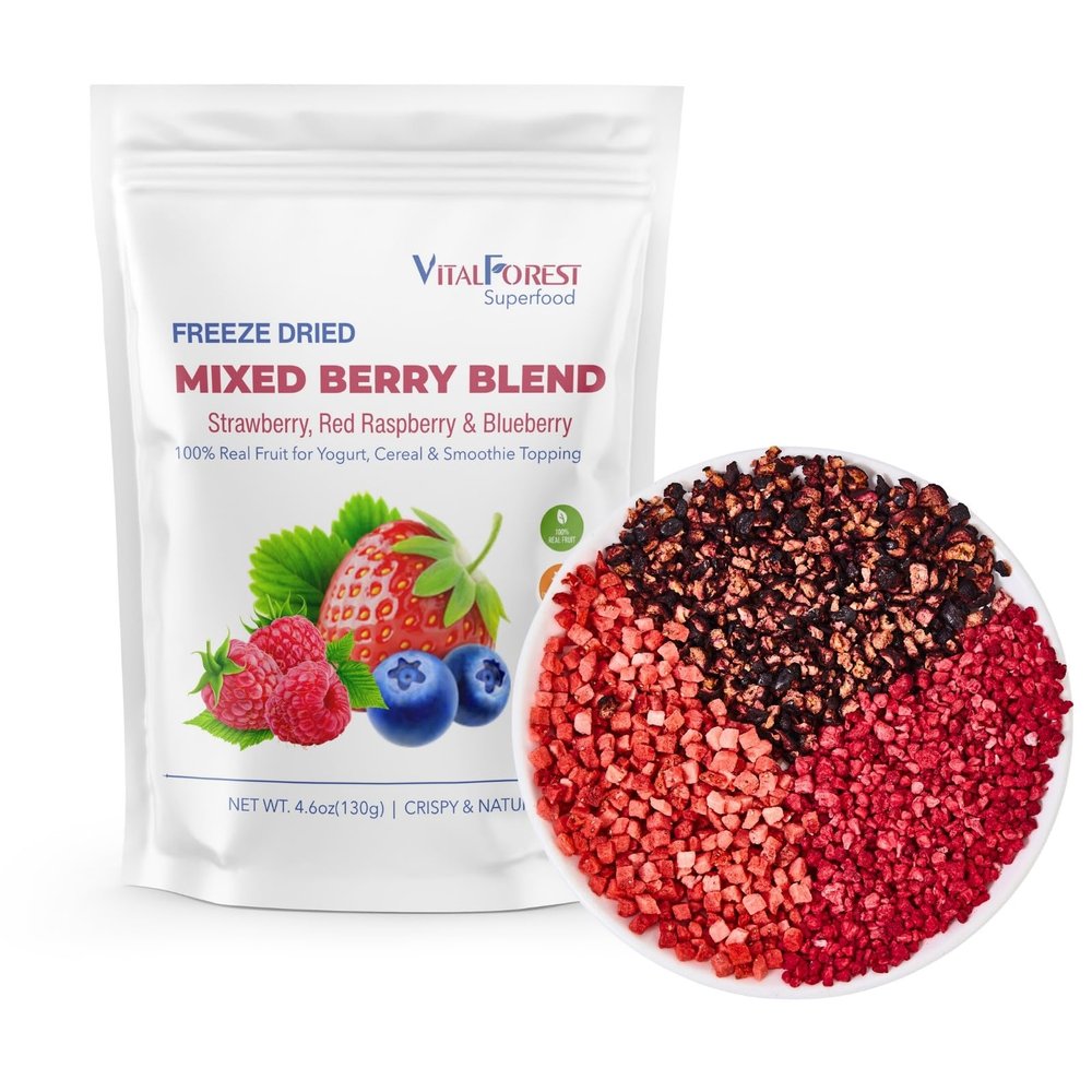 4.6oz Freeze-Dried Raspberry Strawberry & Blueberry Mixed Fruit, Crunchy Freeze Dried Berries Blend Pieces Natural Freeze Dried Fruit Snacks, Superfood Toppings for Baking, Yogurt, Smoothies & Oatmeal, Non-GMO, Vegan