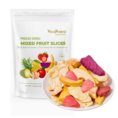 5.29oz(150g) Freeze Dried Fruit Slices Mix, Natural Freeze Dried Fruit Snacks Mixed Dried Fruit Chips Fruit Crisps with Strawberry, Mango, Banana, Pineapple, Apple & Peach, No Sugar Added, Non-GMO, Vegan