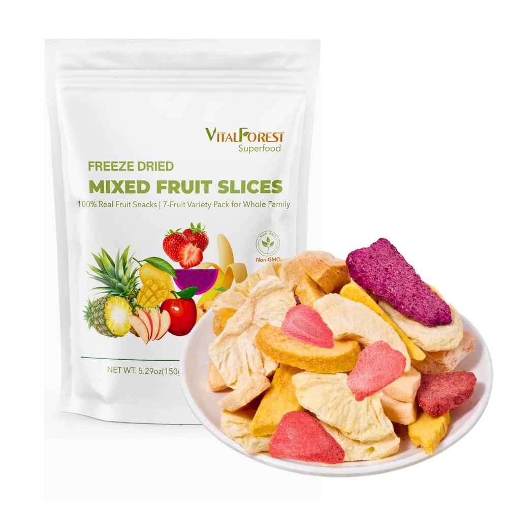 5.29oz(150g) Freeze Dried Fruit Slices Mix, Natural Freeze Dried Fruit Snacks Mixed Dried Fruit Chips Fruit Crisps with Strawberry, Mango, Banana, Pineapple, Apple & Peach, No Sugar Added, Non-GMO, Vegan