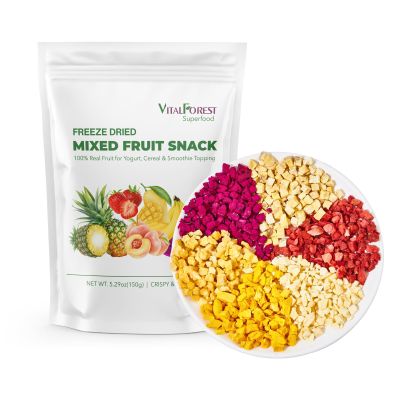 5.29oz Freeze Dried Mixed Fruits - 100% Real Crunchy Mixed Dehydrated Fruit Cubes with Strawberry, Dragon Fruit, Peach, Mango, Banana & Pineapple, Natural Dried Fruits Snacks, Yogurt & Cereal Topping