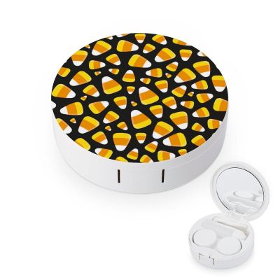 FLONTY Fall Candy Corn Halloween Print Contact Lens Case Kit Round Contact Lens Box with Mirror for Daily 3.1X3.1 In