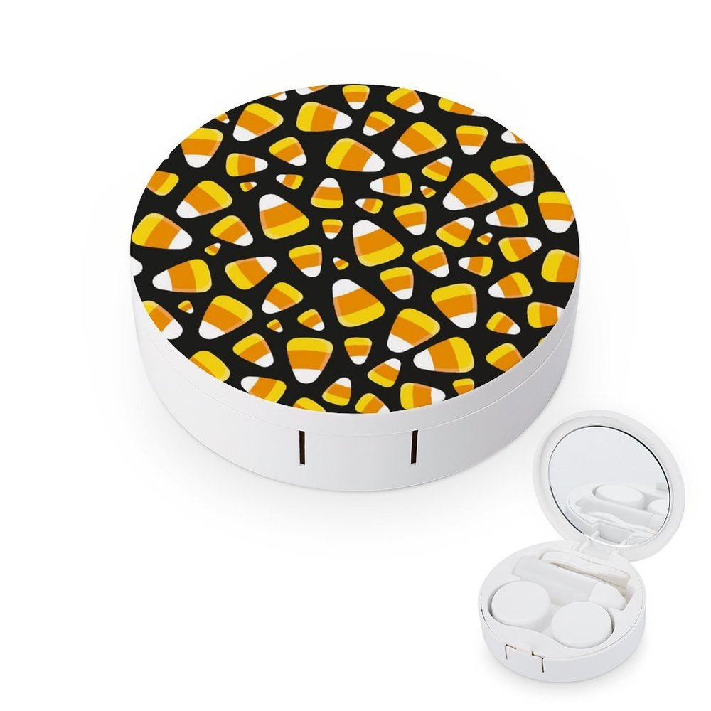 FLONTY Fall Candy Corn Halloween Print Contact Lens Case Kit Round Contact Lens Box with Mirror for Daily 3.1X3.1 In