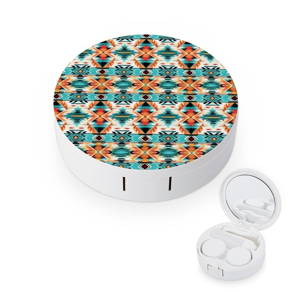 FLONTY Aztec Ethnic Pattern Print Contact Lens Case Kit Round Contact Lens Box with Mirror for Daily 3.1X3.1 In