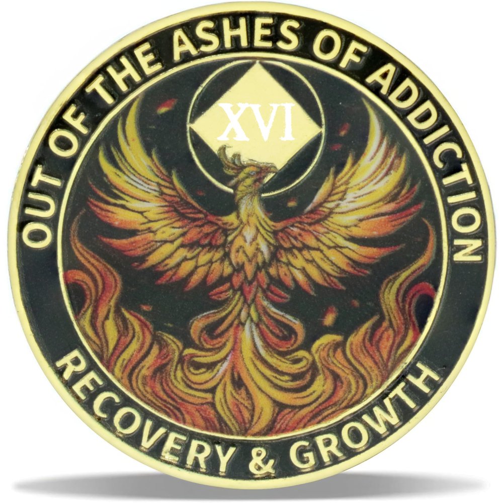 16 Year Phoenix Sobriety Coin Rebirth in Sparks NA Medallion Spiritual Token for Recovery & Clean Time Empowering NA AA Chips Gift for Men & Women