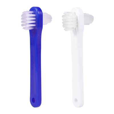 HOMSFOU 4 Pcs Denture Brush Set: Dual Head Hard Bristle for Dentures & Retainers - Dental Brushes with Anti-Slip Handle (Blue, White)