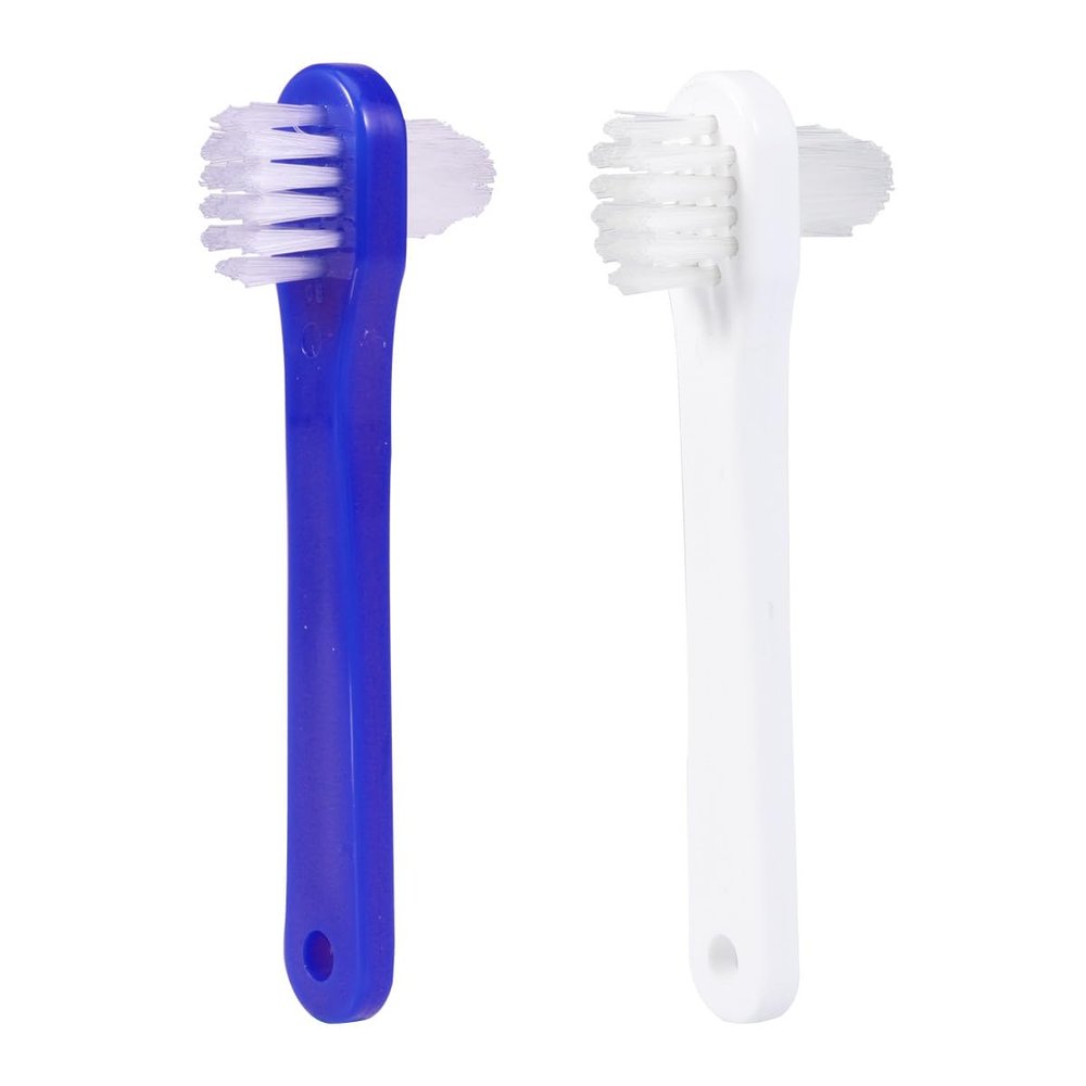 HOMSFOU 4 Pcs Denture Brush Set: Dual Head Hard Bristle for Dentures & Retainers - Dental Brushes with Anti-Slip Handle (Blue, White)