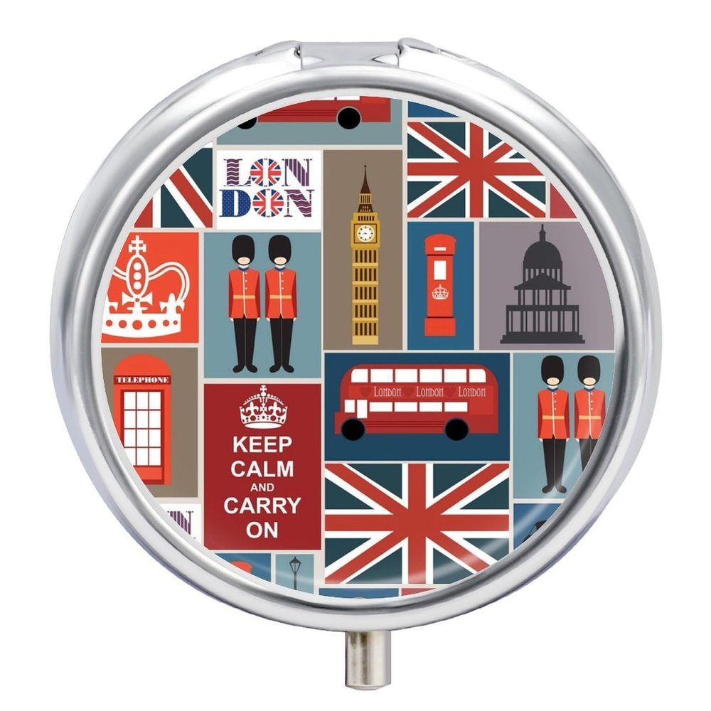 England Symbols Pill Box,3 Compartments Round Small Pills Case Moisture-Proof Portable Pill Container for Travel Vitamins Fish Oil Supplements