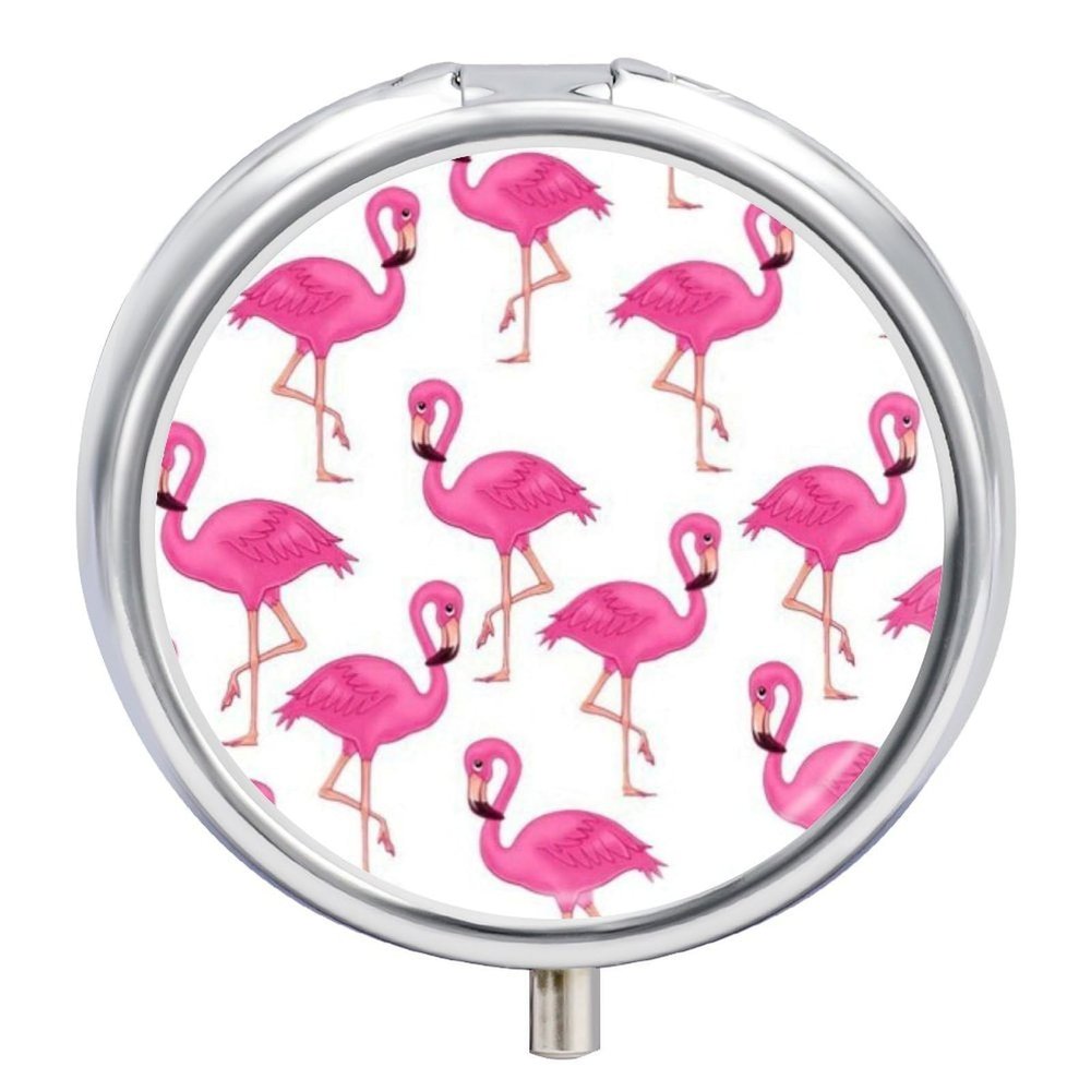 Pink Flamingo Pill Box,3 Compartments Round Small Pills Case Moisture-Proof Portable Pill Container for Travel Vitamins Fish Oil Supplements