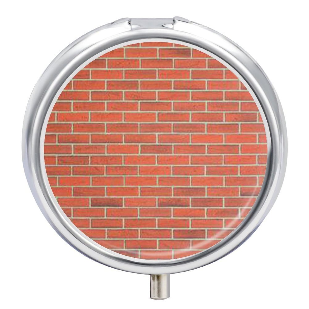 Red Brick Wall Texture Pill Box,3 Compartments Round Small Pills Case Moisture-Proof Portable Pill Container for Travel Vitamins Fish Oil Supplements