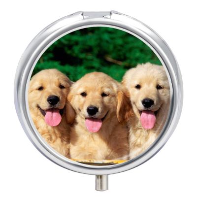 Golden Retriever Dogs Puppies Pets Pill Box,3 Compartments Round Small Pills Case Moisture-Proof Portable Pill Container for Travel Vitamins Fish Oil Supplements