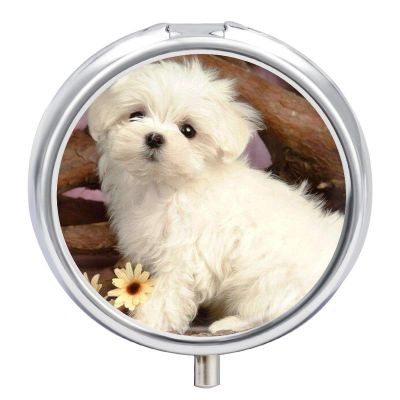 Cute Dog Pill Box,3 Compartments Round Small Pills Case Moisture-Proof Portable Pill Container for Travel Vitamins Fish Oil Supplements