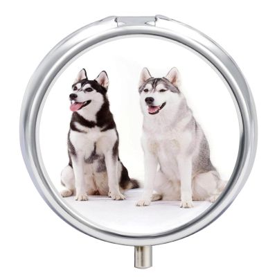Husky Dogs Pill Box,3 Compartments Round Small Pills Case Moisture-Proof Portable Pill Container for Travel Vitamins Fish Oil Supplements