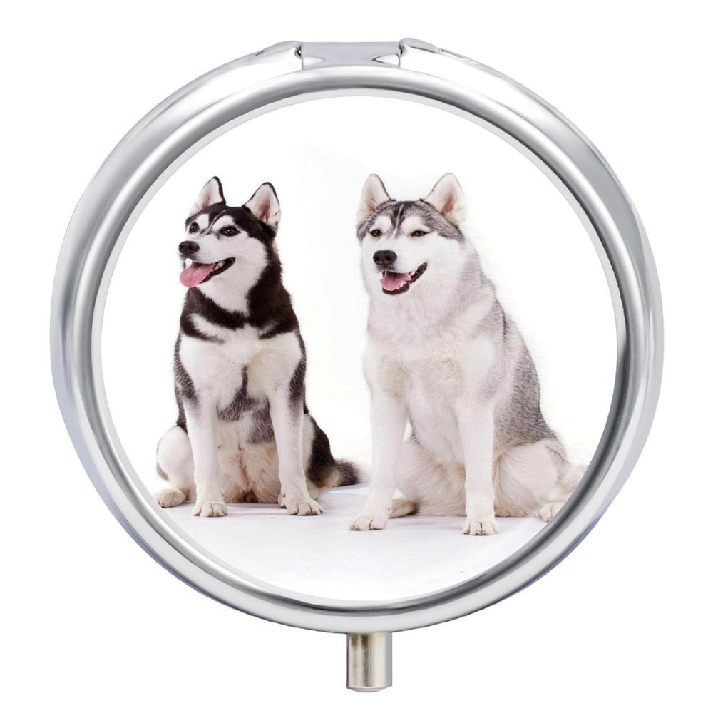 Husky Dogs Pill Box,3 Compartments Round Small Pills Case Moisture-Proof Portable Pill Container for Travel Vitamins Fish Oil Supplements