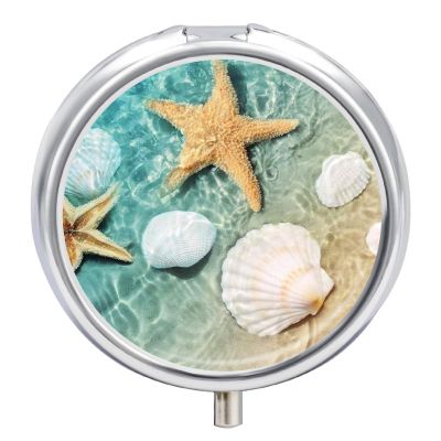 Sea Shell Starfish Pill Box,3 Compartments Round Small Pills Case Moisture-Proof Portable Pill Container for Travel Vitamins Fish Oil Supplements